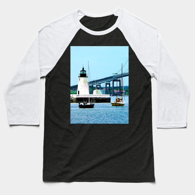 Newport RI -  Lighthouse Bridge and Boats Baseball T-Shirt by SusanSavad